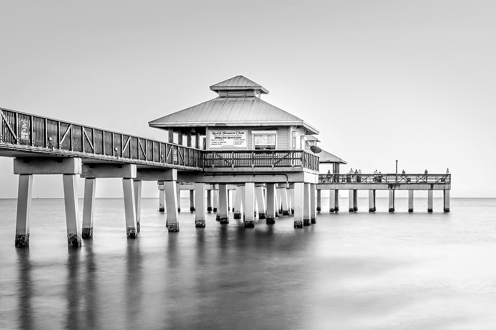 beach pier in black and white