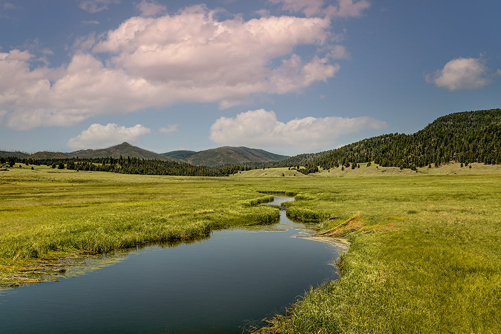 creek and plains of grassland lining a valley between mountain ranges